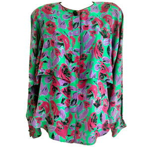 Flora Kung Silk Top Blouse Long Sleeve Floral Purple Teal Button Shirt 8 M VTG